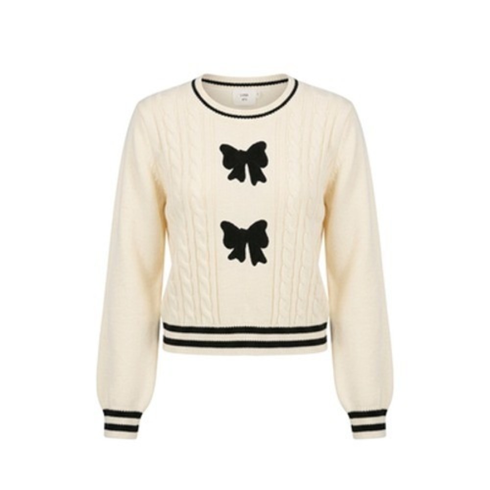 Anthropologie Luna Ivy Sweater Women M White Cable Knit Bow Coquette Preppy